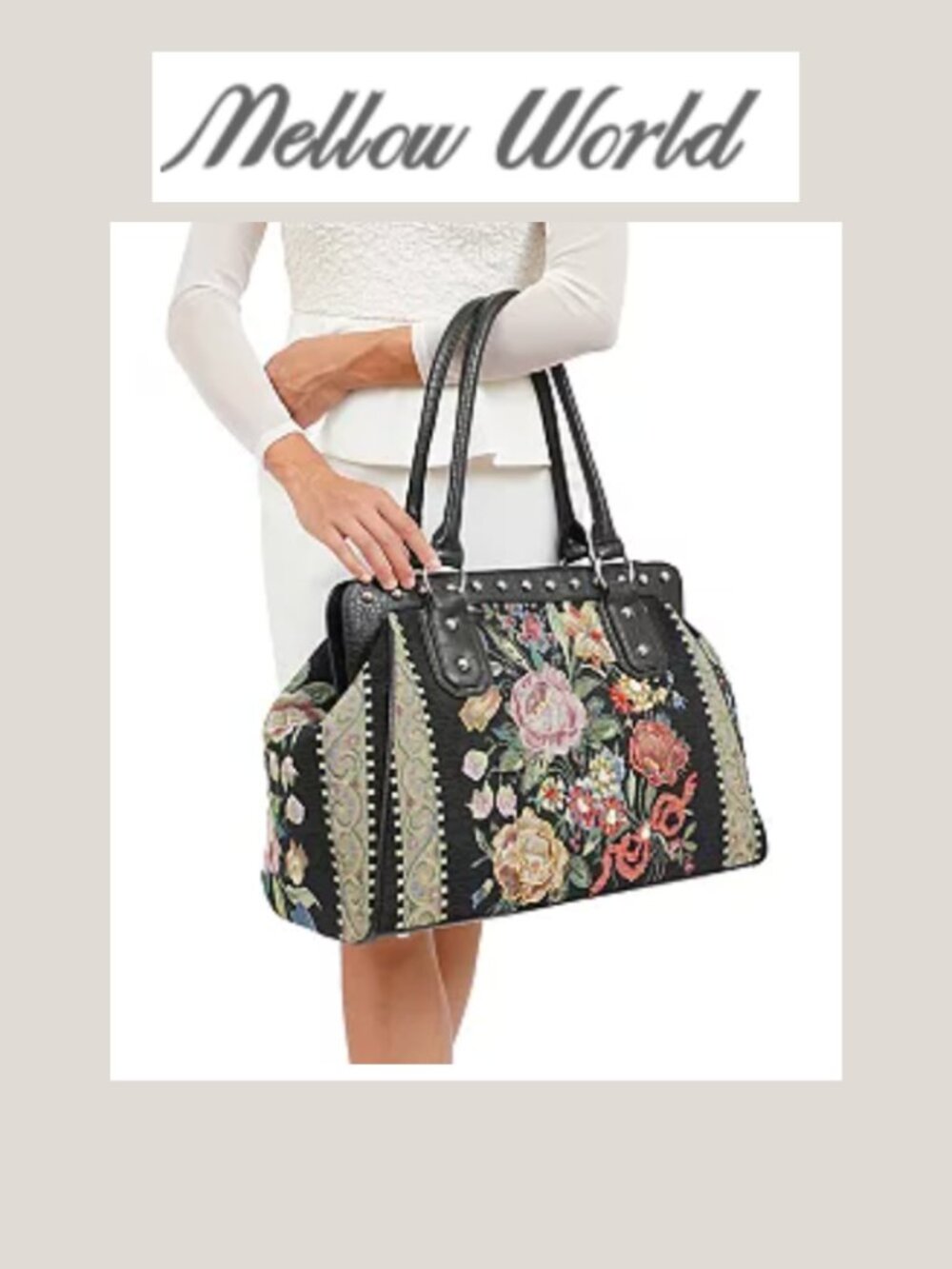 Mellow World Flower Hand Beaded Weekender Tapestry Style Vegan Faux Tote Bag